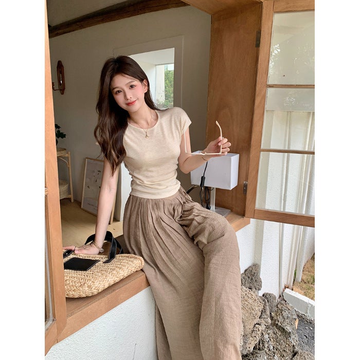 Pure Desire Wind Sweet High Waist Lace-up Dipped Casual Wide Leg Pants Trousers Elegant Staggard Waist Fluttering Culottes Summer New 【k800】apricot top