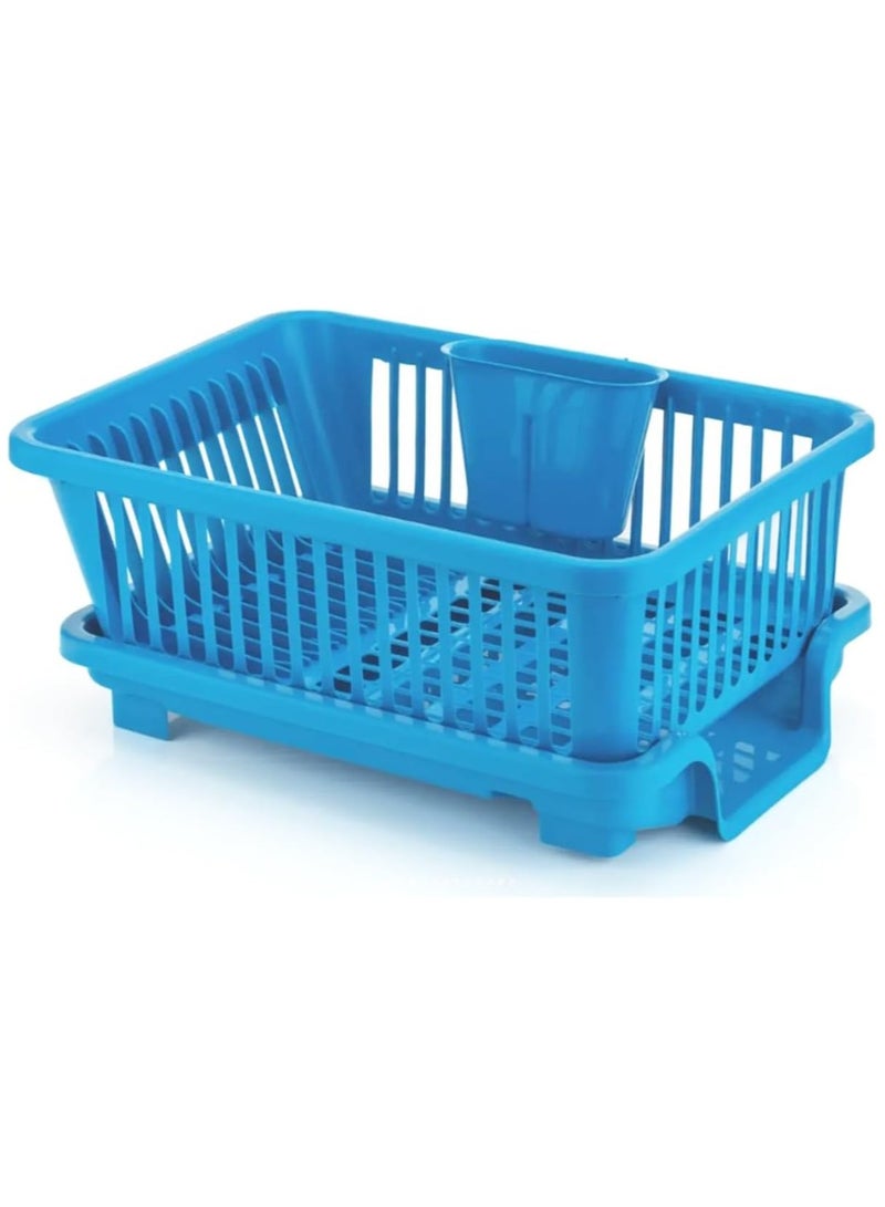 بيسبل رف أطباق مطبخ كبير 3 في 1 من بيسبيل مع صينية تصريف وحامل أدوات، أزرق، BB2087 - Image 1