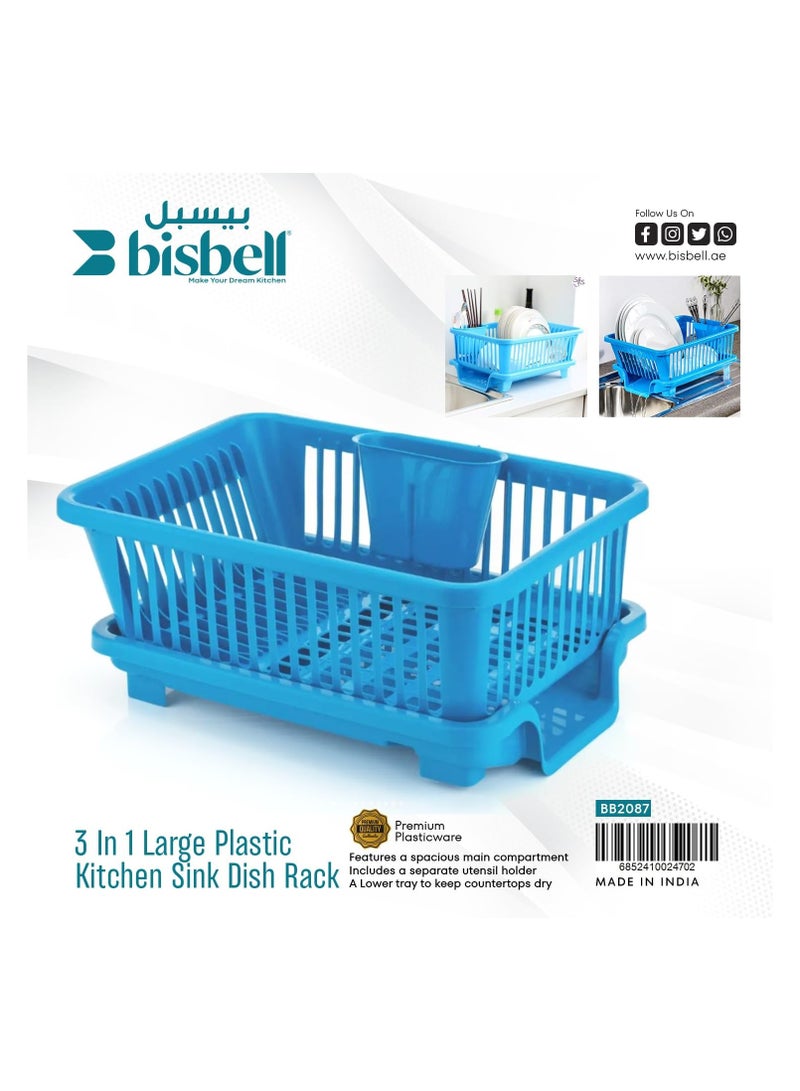 بيسبل رف أطباق مطبخ كبير 3 في 1 من بيسبيل مع صينية تصريف وحامل أدوات، أزرق، BB2087 - Image 2