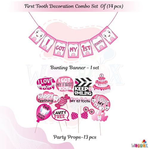 Wobbox First Tooth Photo Booth Party Props (13 Pcs) with I Got My 1st Tooth Bunting Banner, Pink Colour Stylish Font, First Tooth Decoration, First Tooth Decoration Items for Baby - Image 2
