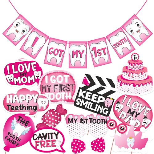Wobbox First Tooth Photo Booth Party Props (13 Pcs) with I Got My 1st Tooth Bunting Banner, Pink Colour Stylish Font, First Tooth Decoration, First Tooth Decoration Items for Baby - Image 1