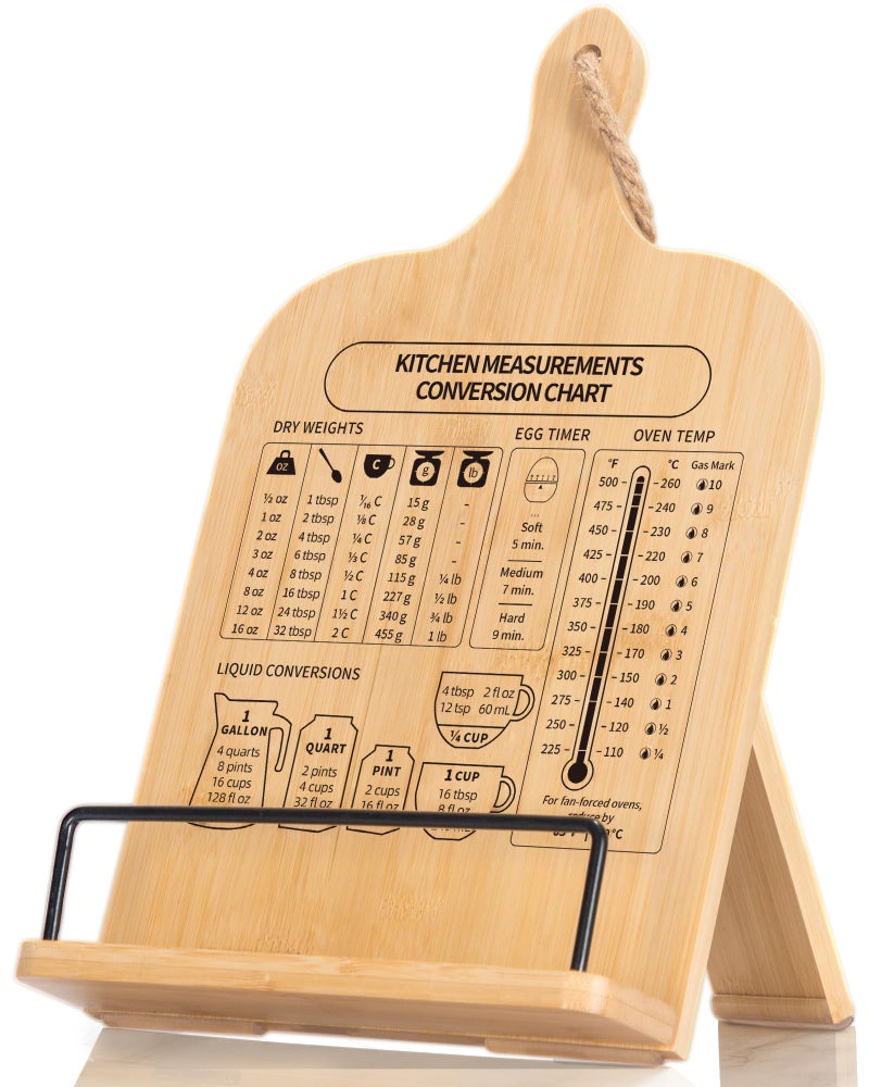 IKEDAS Bamboo Cookbook Stand Sturdy Cook Book Holder Recipe Book Holder with Measurement Conversion Chart Cookbook Stand for Kitchen Counters Essential Accessories for Holding Cookbooks