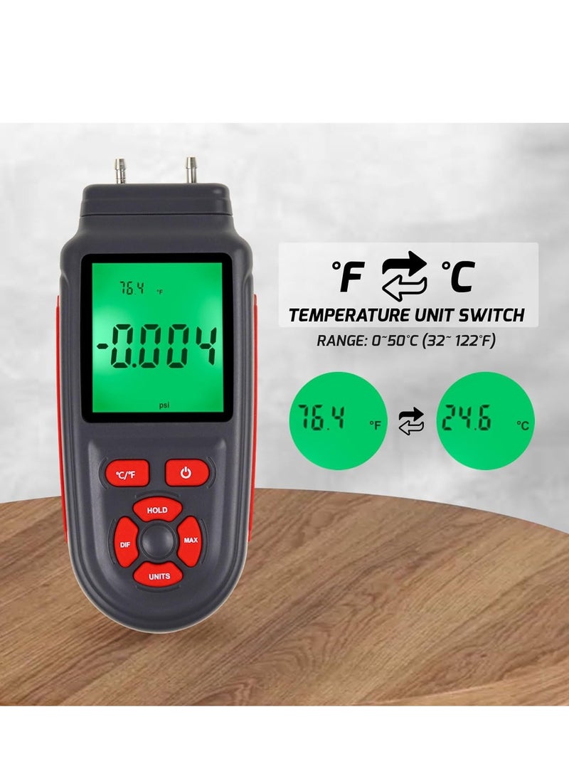 SOLARAE Manometer Selectable Units Differential Pressure Gauge ±3Psi High Measuring Range HVAC 12 Professional Handheld Dual-Port Air Temperature Meter - Image 4