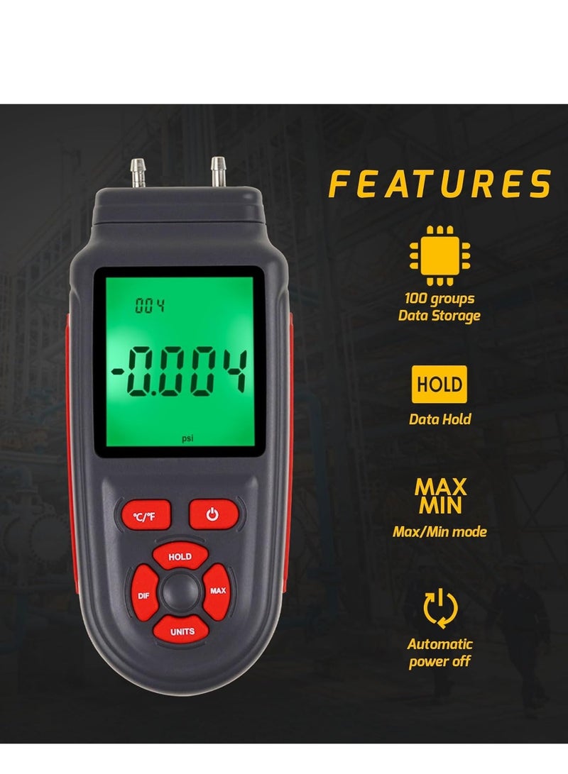 SOLARAE Manometer Selectable Units Differential Pressure Gauge ±3Psi High Measuring Range HVAC 12 Professional Handheld Dual-Port Air Temperature Meter - Image 2