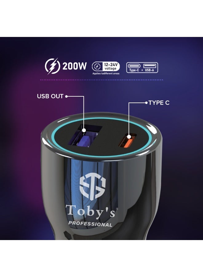 توبيز شاحن سيارة توبي الاحترافي CC-14 بقوة 200 واط مزود بمنفذي USB-C و USB-A - حماية متعددة (من التيار الزائد/الجهد الزائد)، نطاق إدخال واسع من 12 إلى 24 فولت، شحن سريع لأجهزة iPhone و Android والأجهزة اللوحية وغيرها - Image 3