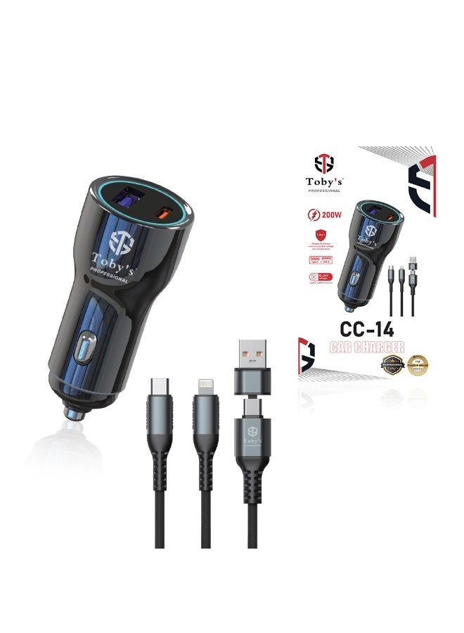 توبيز شاحن سيارة توبي الاحترافي CC-14 بقوة 200 واط مزود بمنفذي USB-C و USB-A - حماية متعددة (من التيار الزائد/الجهد الزائد)، نطاق إدخال واسع من 12 إلى 24 فولت، شحن سريع لأجهزة iPhone و Android والأجهزة اللوحية وغيرها - Image 1