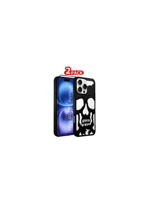 iPhone 16 Pro Max 2Packs Skull Case Cover Soft TPU and Glossy with 3D Shockproof Screen Protector - Black
