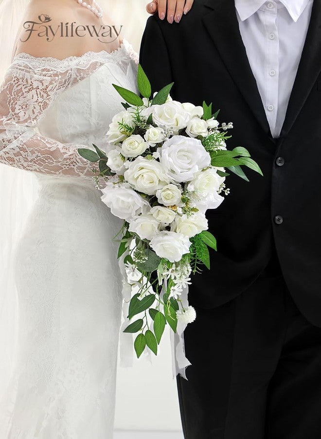 Faylifeway Wedding Bouquets for Bride, White Cascading Bridal Bouquet Artificial Flowers，9.8 Inch Bride Bouquets for Wedding Decoration, Boho Ceremony,Church, Anniversary Decor - Image 4