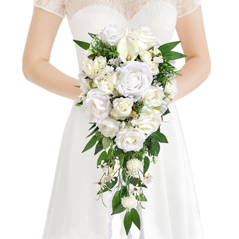 Faylifeway Wedding Bouquets for Bride, White Cascading Bridal Bouquet Artificial Flowers，9.8 Inch Bride Bouquets for Wedding Decoration, Boho Ceremony,Church, Anniversary Decor - Image 1