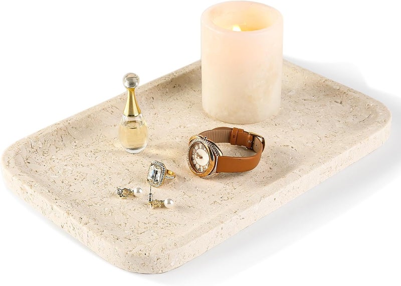 Koville Marble Vanity Tray, 12"x8" Marble Catchall Tray for Countertop Bathroom Kitchen Dresser, Rectangular Decorative Stone Tray for Jewelry Cosmetics Perfume Trinket(Brown) - Image 1