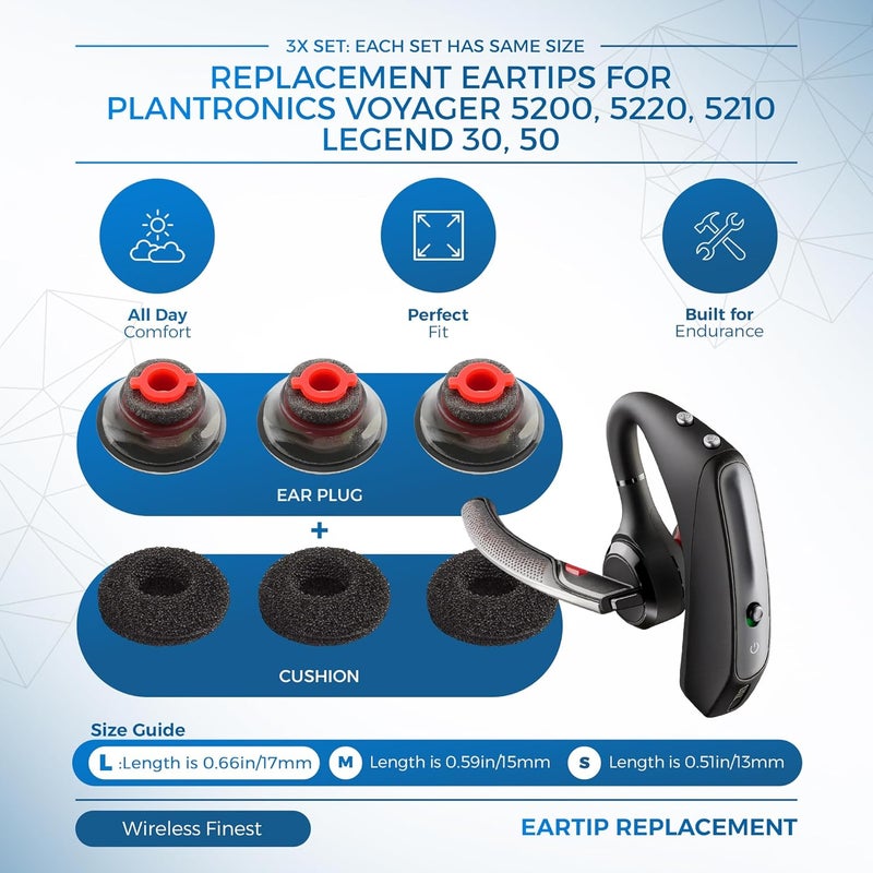WirelessFinest 3X Ultra Comfort Eartips Ear Buds Replacement Earphone Ear Tips Kits Earpads Foam Set Cushion for Plantronics Voyager 5200 5220 5210 Series Bluetooth Headset Headphone (Large L) - Image 2