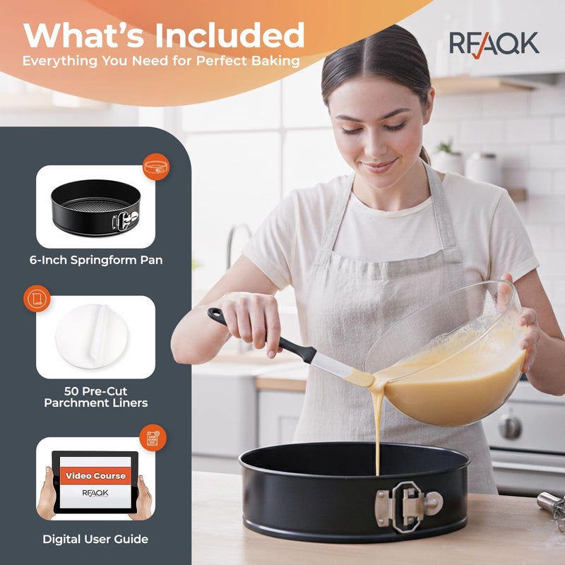 RFAQK Non-Stick 6 Inch Cake Pan with Removable Bottom - Leakproof Springform Pan with 50Pcs Parchment Papers - Perfect for Cakes, Cheesecakes, and Compatible with 3 Qt Instant Pot - Bonus E-Book - Image 2