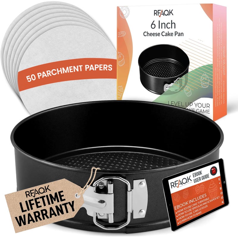 RFAQK Non-Stick 6 Inch Cake Pan with Removable Bottom - Leakproof Springform Pan with 50Pcs Parchment Papers - Perfect for Cakes, Cheesecakes, and Compatible with 3 Qt Instant Pot - Bonus E-Book - Image 1