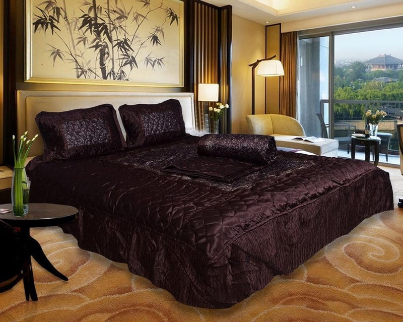 ManavRachit Satin Gold Printed 310 TC Wedding Bedding Set Bedsheet with 2 Pillow Covers 1 AC Comforter for Home Living RoomSet of 4pc Jaal Print Coffee - Image 1
