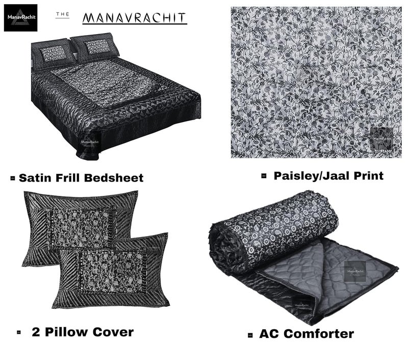 ManavRachit Satin Gold Printed 310 TC Wedding Bedding Set Bedsheet with 2 Pillow Covers 1 AC Comforter for Home Living RoomSet of 4pc Jaal Print Coffee - Image 5