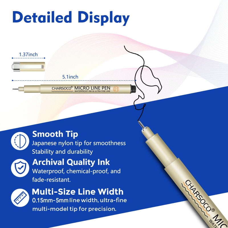CHARSOCO 005 Micro Pen, 6 Pack Black Fine Point Pen with Waterproof Archival Ink, 0.23mm Fineliner Ink Pens for Artist Illustration, Sketching, Anime, Manga, Technical Drawing and Scrapbooking - Image 2