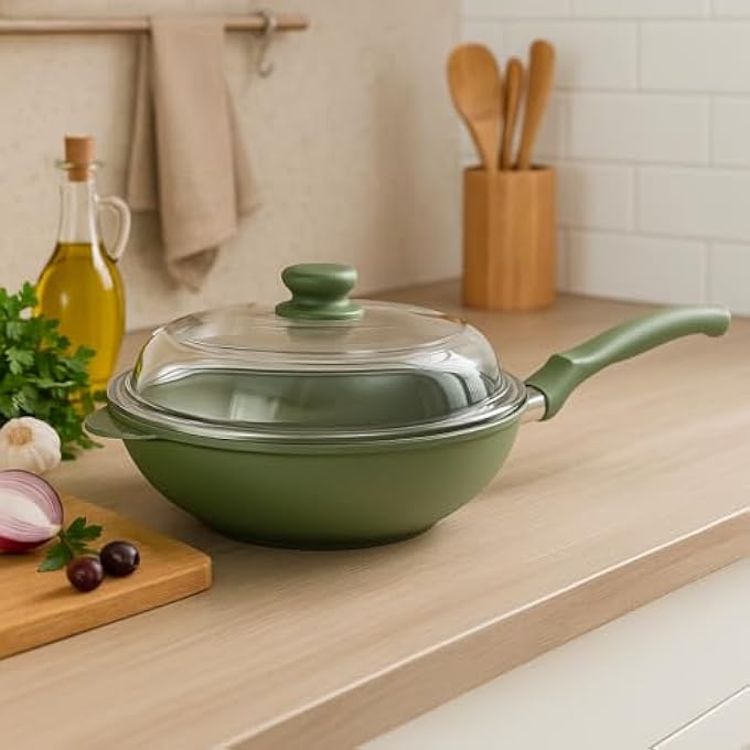 BS Risoli DrGreen Wok 30Cm  EcoFriendly Green Stone NonStick Wok For Healthy Cooking  PfoaFree Frying Pan For StirFry Vegetables  Noodles Compatible With Gas  Electric Stoves - Image 3