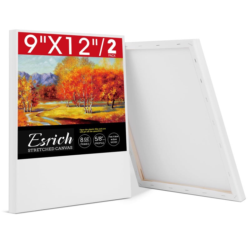 ESRICH Stretched Canvas for Painting, 2 Pack 9x12 Inch Canvas Value Pack,Primed Acid-Free Cotton Blank Canvases, Painting Canvas for Oil & Acrylic Paint. - Image 1