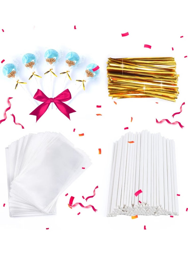 GMORO 300PCS DIY Cake Pop Sticks and Wrappers Set,Including Paper Lollipop Sticks,Clear Candy Treat Bags Parcel,Gold Twist Ties for Cakepop,Lollipop,Hard Candy,Suckers,Chocolate Gift  - Image 1