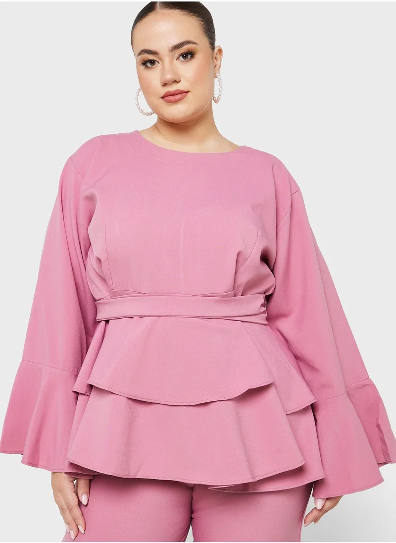 Hayas Closet Curve Ruffle Belted Tunic & Pants Set