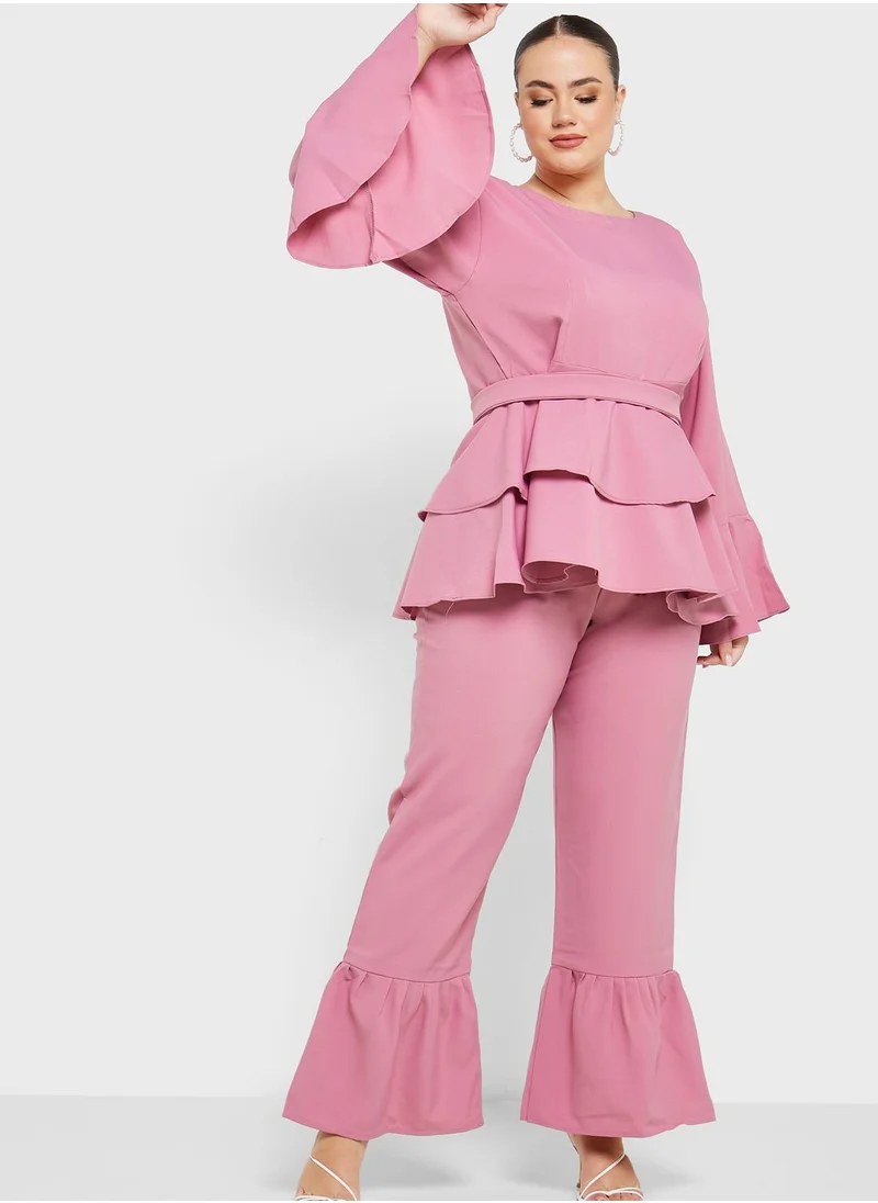 Hayas Closet Curve Ruffle Belted Tunic & Pants Set