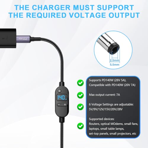 Verilux® PD 140W Type C to DC Power Cord with 10 Connectors, 5V-28V Six-speed Adjustable Power Design with Digital Display & Switch Button, USB C to DC Converter for Laptops, Routers, Home Appliances - Image 3