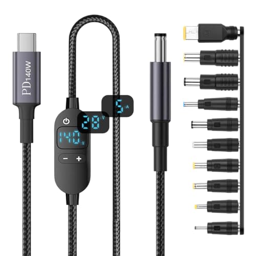 Verilux® PD 140W Type C to DC Power Cord with 10 Connectors, 5V-28V Six-speed Adjustable Power Design with Digital Display & Switch Button, USB C to DC Converter for Laptops, Routers, Home Appliances - Image 1