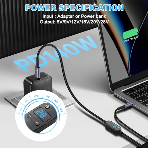 Verilux® PD 140W Type C to DC Power Cord with 10 Connectors, 5V-28V Six-speed Adjustable Power Design with Digital Display & Switch Button, USB C to DC Converter for Laptops, Routers, Home Appliances - Image 5