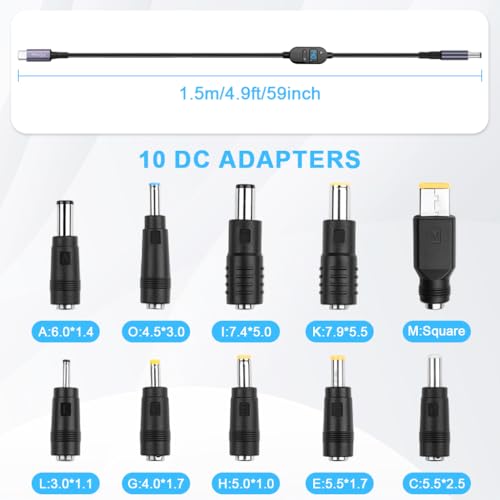 Verilux® PD 140W Type C to DC Power Cord with 10 Connectors, 5V-28V Six-speed Adjustable Power Design with Digital Display & Switch Button, USB C to DC Converter for Laptops, Routers, Home Appliances - Image 4