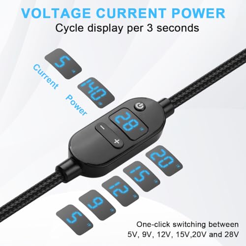 Verilux® PD 140W Type C to DC Power Cord with 10 Connectors, 5V-28V Six-speed Adjustable Power Design with Digital Display & Switch Button, USB C to DC Converter for Laptops, Routers, Home Appliances - Image 2