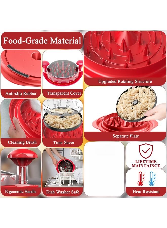 LAMAY Chicken Shredder Tool Twist Large, Visible Chicken Breast Shredder, Meat Shredder Tool Twist with Separate Plate, Brush, Mat, Food Tongs, Ergonomic Handle, Dishwasher Safe(Red) - Image 2
