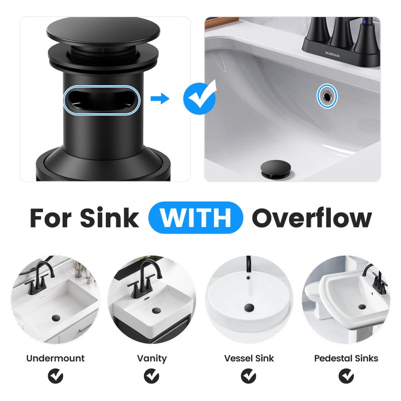Hurran Bathroom Sink Drain with Overflow, Hurran Matte Black Bathroom Sink Stopper for Bathroom Vanity Vessel Sink, Rapid Draining Plastic Pop-up Sink Drain with Hair Catcher Anti-Clog Strainer - Image 3