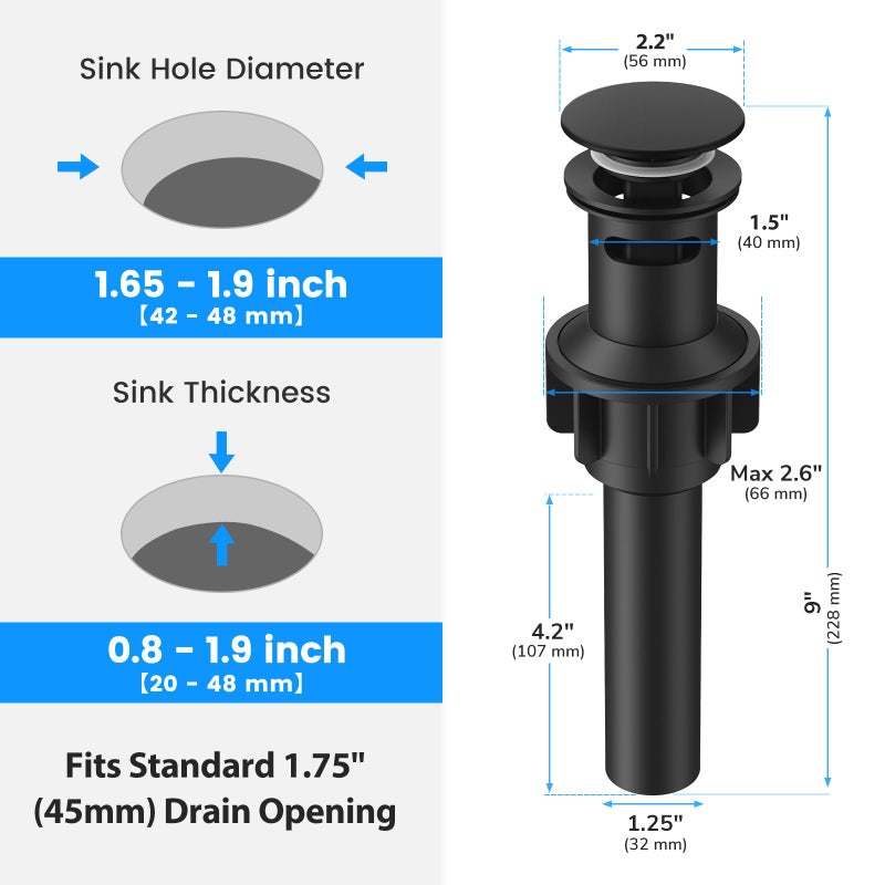Hurran Bathroom Sink Drain with Overflow, Hurran Matte Black Bathroom Sink Stopper for Bathroom Vanity Vessel Sink, Rapid Draining Plastic Pop-up Sink Drain with Hair Catcher Anti-Clog Strainer - Image 2