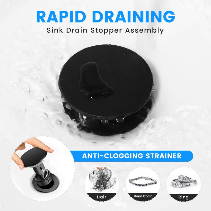 Hurran Bathroom Sink Drain with Overflow, Hurran Matte Black Bathroom Sink Stopper for Bathroom Vanity Vessel Sink, Rapid Draining Plastic Pop-up Sink Drain with Hair Catcher Anti-Clog Strainer - Image 4