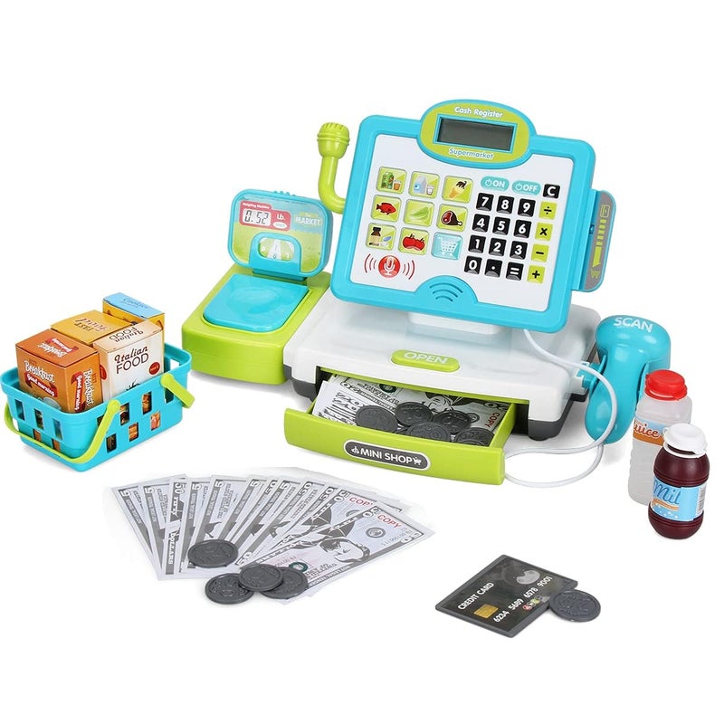  FS FS Pretend Play Calculator Cash Register Toy as Preschool Gift for Kids Classic Count Toy with Sound Microphone Scanner Pretend Credit Card Play Food for Boys  Girls45 Pieces Ages 3 4 5 6 7 - Image 2