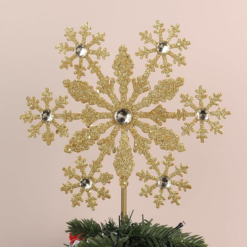 hogardeck Christmas Tree Topper, Gold Snowflake Tree Topper for Christmas Decor, Glittered Tree Toppers for Christmas Tree Decorations for Indoor Home - Image 1