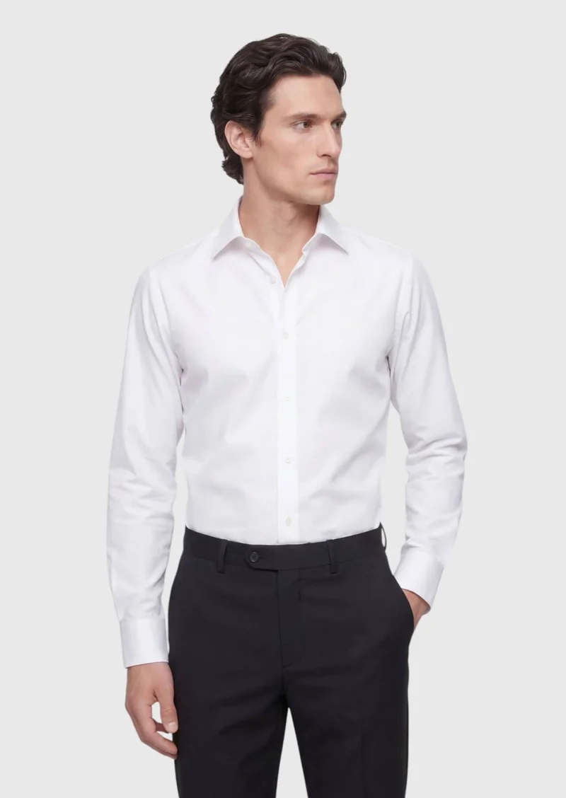 RAMSEY White Plain Regular Fit Long Weaving Classical 100% Cotton Shirt