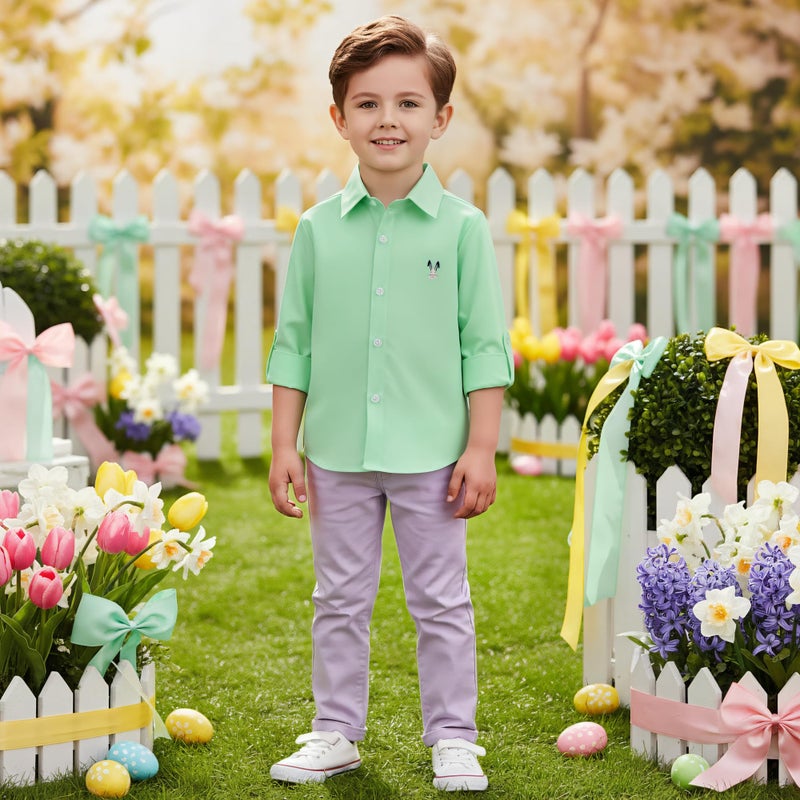 OCHENTA Toddler Boys Oxford Easter Dress Shirts Button Down Long Sleeve Kids Casual Cute Rabbit Green 110CM - 3T - Image 3