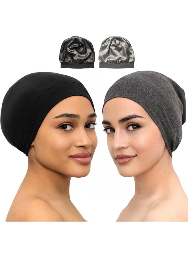 كوفوز 2 زوج من قلنسوة كوفوفوز الحريرية للنوم، قلانس شعر من الساتان للنساء السود، قلنسوة نوم حريرية، قلنسوة ساتان للشعر المجعد للرجال، غطاء رأس ليلي، وشاح لحماية الضفائر - Image 1