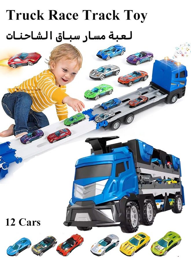 Truck Race Track Toys, Versatile Transforming Truck with Dual Race Tracks, Folding Ejection Race Truck with Music, Foldable 3 Layer Car Race Track Playset, Carrier Truck Race Track Kids Toys with 48-Inch Race Track, Die-Cast Transport Truck Car Toys, Container Truck Toy with 12 Alloy Cars Vehicles,  Toddler Car Toys Track Set, Construction Vehicle Truck Boy Toys, Toddler Toys for 3+ Years Old Kids(Blue)  - Image 1