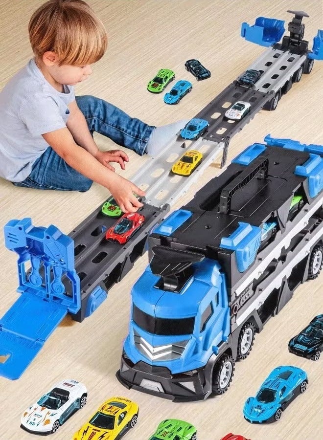 Truck Race Track Toys, Versatile Transforming Truck with Dual Race Tracks, Folding Ejection Race Truck with Music, Foldable 3 Layer Car Race Track Playset, Carrier Truck Race Track Kids Toys with 48-Inch Race Track, Die-Cast Transport Truck Car Toys, Container Truck Toy with 12 Alloy Cars Vehicles,  Toddler Car Toys Track Set, Construction Vehicle Truck Boy Toys, Toddler Toys for 3+ Years Old Kids(Blue)  - Image 3