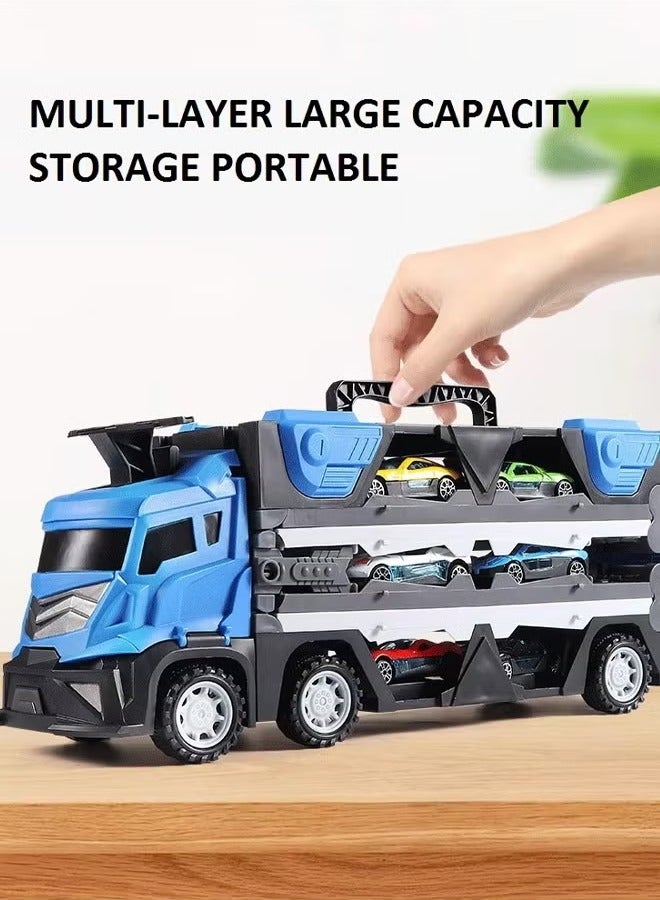 Truck Race Track Toys, Versatile Transforming Truck with Dual Race Tracks, Folding Ejection Race Truck with Music, Foldable 3 Layer Car Race Track Playset, Carrier Truck Race Track Kids Toys with 48-Inch Race Track, Die-Cast Transport Truck Car Toys, Container Truck Toy with 12 Alloy Cars Vehicles,  Toddler Car Toys Track Set, Construction Vehicle Truck Boy Toys, Toddler Toys for 3+ Years Old Kids(Blue)  - Image 5