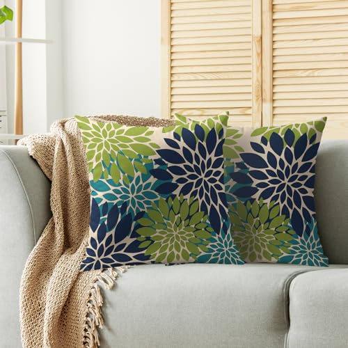 Smozenith Navy Blue Green Teal Pillow Covers 18X18 Inch Set of 2 Modern Geometry Dahlia Floral Print Decorative Throw Pillow Covers Outdoor Farmhouse Cushion Case for Home Couch Sofa Bed Decoration - Image 3