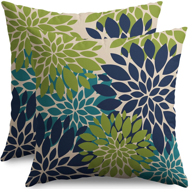 Smozenith Navy Blue Green Teal Pillow Covers 18X18 Inch Set of 2 Modern Geometry Dahlia Floral Print Decorative Throw Pillow Covers Outdoor Farmhouse Cushion Case for Home Couch Sofa Bed Decoration - Image 2