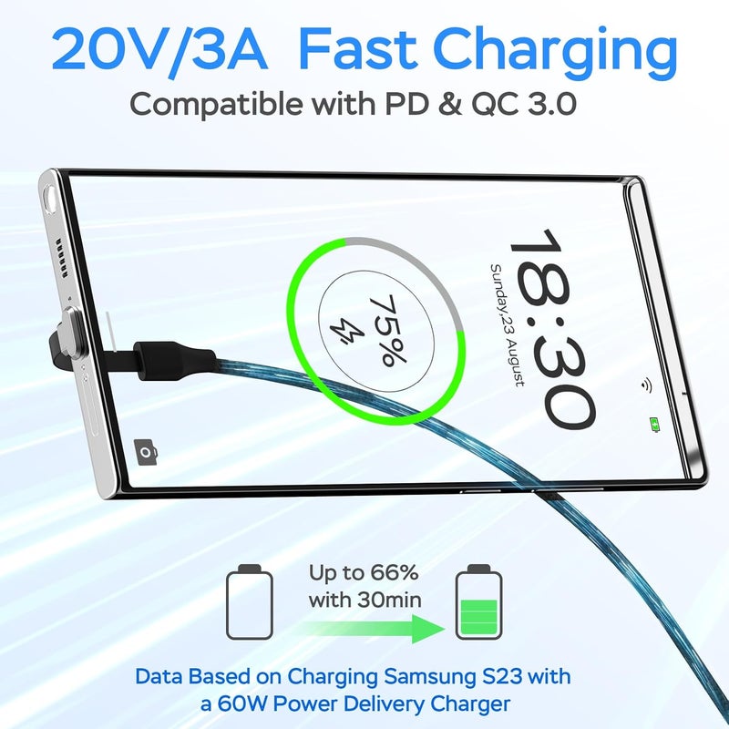 DbillionDa USB C Charger Cable, 60W 10ft Type C Charging Cable, Flat 90-Degree C-Port, High-Speed Data Transfer Compatible with Samsung S23/S22/S21, iPhone 15 Pro/Pro Max, MacBook Air/Pro, etc. - Image 3