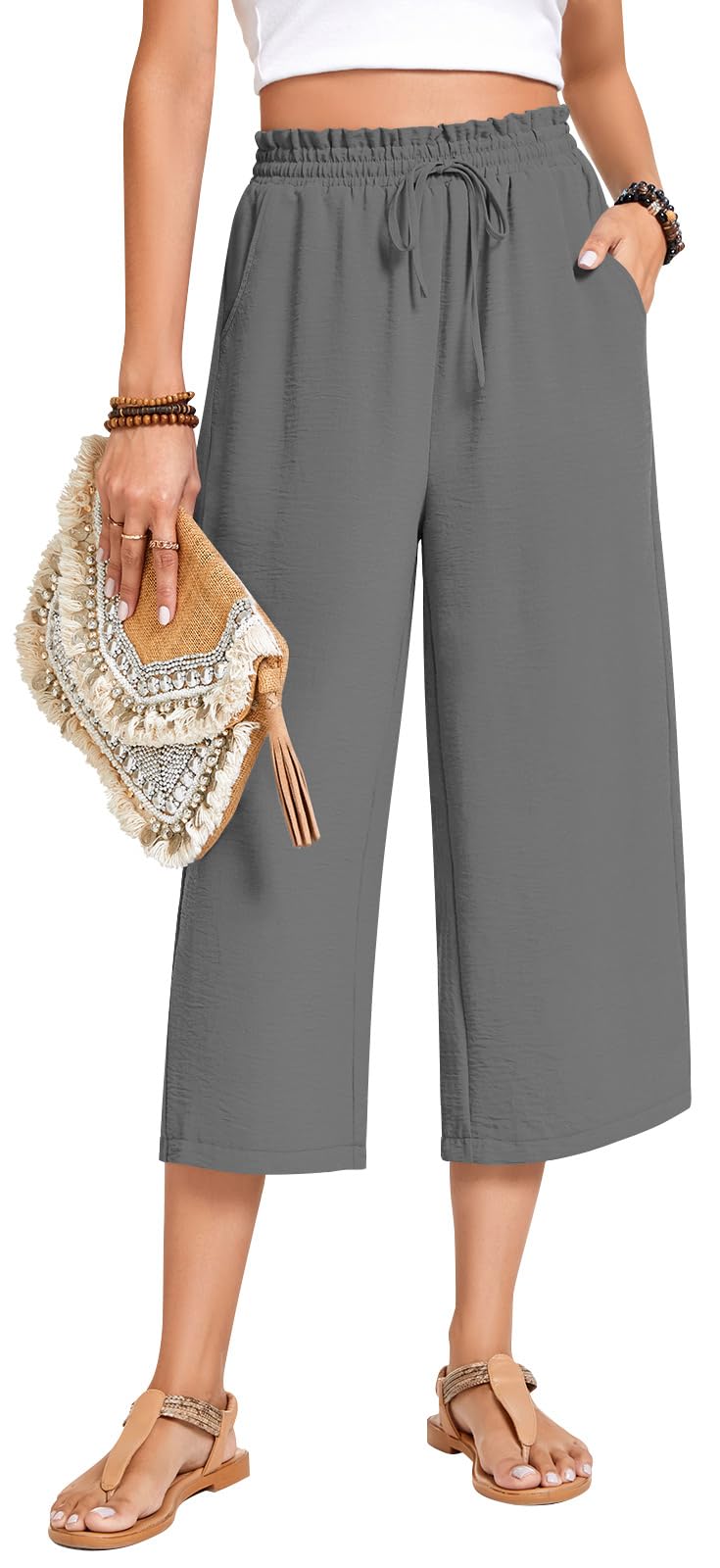 Anyhold Womens Capri Pants Loose High Waisted Wide Leg Lounge Pants Drawstring Casual Palazzo Trousers with Pockets Large, Ash Gray - Image 3