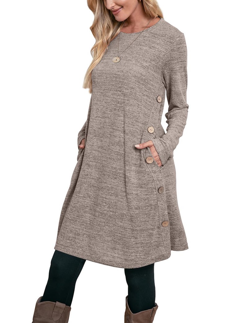 OFEEFAN Sweater Dress Long Sleeve Dress for Women Fall Dress Cowboy Chic Winter Tunic Sweatshirt Dresses Coffee L - Image 1