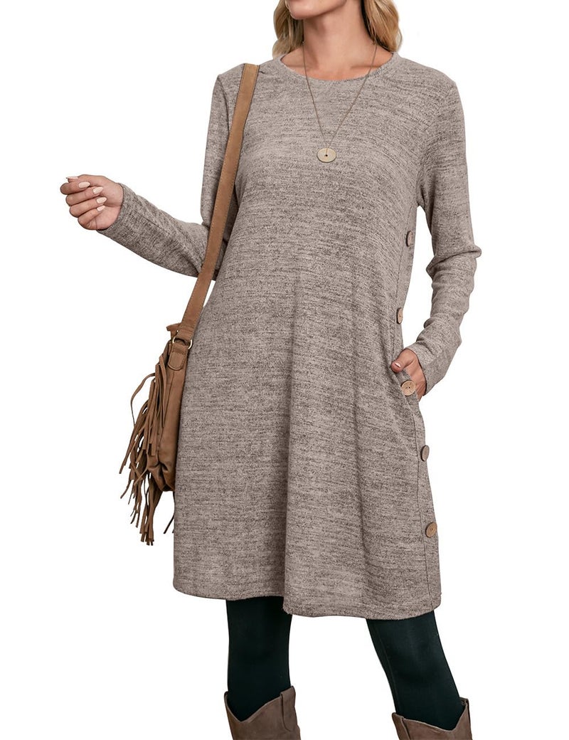 OFEEFAN Sweater Dress Long Sleeve Dress for Women Fall Dress Cowboy Chic Winter Tunic Sweatshirt Dresses Coffee L - Image 4