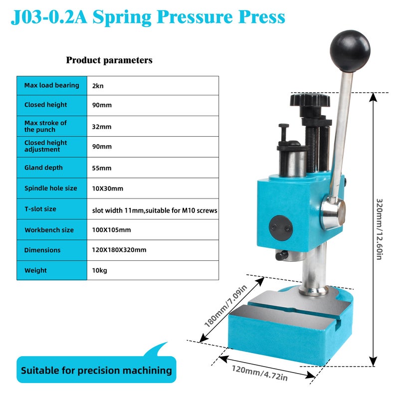 RATTMMOTOR Arbor Press J03-0.2A Spring-Loaded Precision Manual Shaft Press, Benchtop Hand Hole Puncher Machine for Metal and Non-Metal Punching, Bending, Stretching, Forming (2KN/0.2T Capacity) - Image 2
