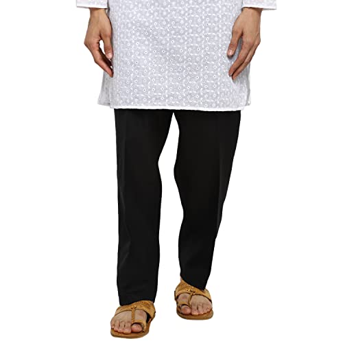 Royal Kurta Men's White Cotton Pant Style Pyjama 2 Side Pockets Easy Fly (L, Black) - Image 1
